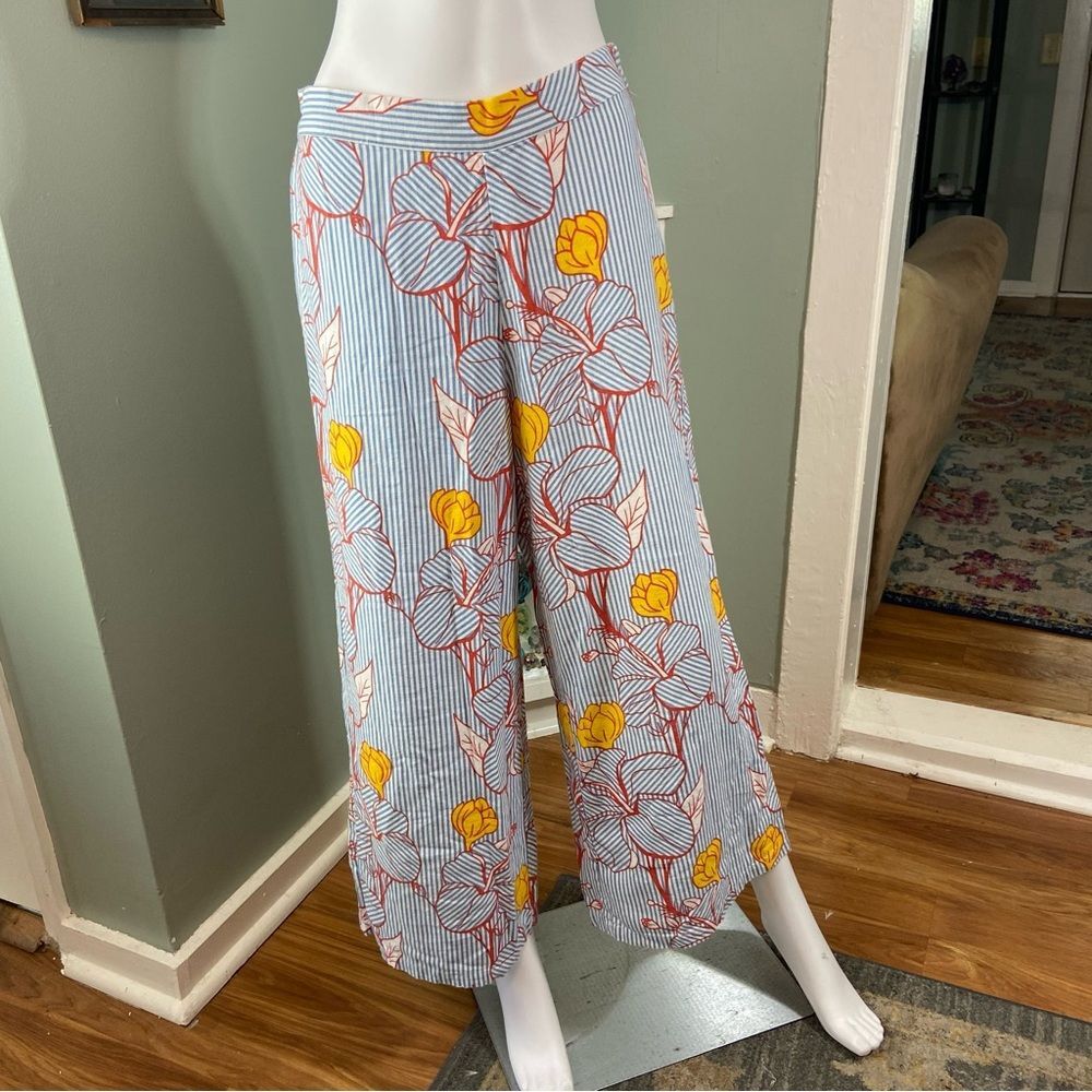 For Cynthia Linen Blend Blue Red Striped Floral Wide Leg Cropped Ankle Pants S